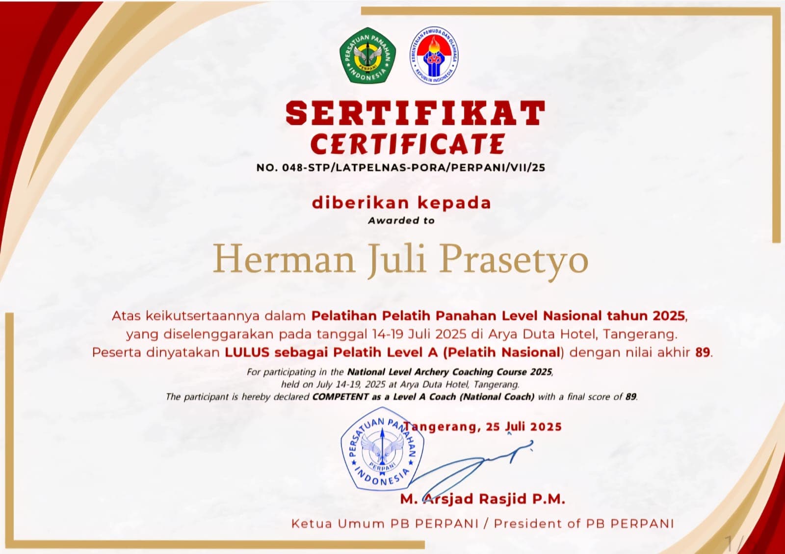 Sertifikat Pelatih Panahan Level Nasional (Level A)